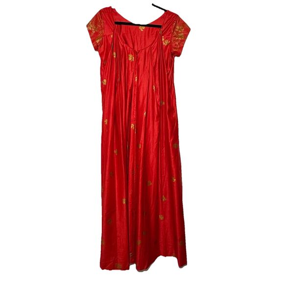 Vintage 60s Hawaiian Togs Maxi Dress Red Gold Metallic Floral Draped Back Small - Picture 2 of 13